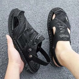 Men's s Sandals Fashion Outer Wear Personalised Size 38-45 Men Two-layer Cowhide Flower Cloth Slippers Sandal ' Fahion Peronalized b2a Slipper