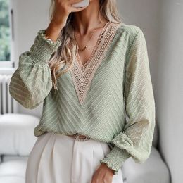 Women's T Shirts Women Elegant Long Sleeve V Neck Sheer Striped Lace Up Blouse Casual Tops Perspective Female Loose Slim Pullover