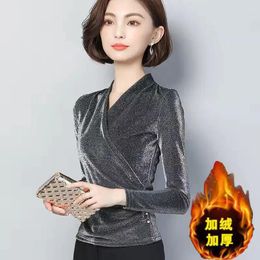 Women's T Shirts Autumn And Winter V-neck Long-Sleeved T-shirt Women Mesh Ladies Shiny Top