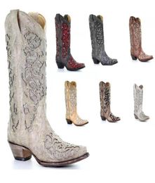 Women Taupe inlaid Western Cowboy Boots European American boots retro fashion thick heel pointed sleeve women XM437 2111053005505