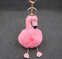Keychains Simulation Rex Fur Pink Flamingo Key Chain - Beach Bag Purse Charm Gold Ring y Ball Fashion Gift8765532