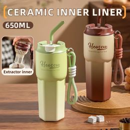 304 Stainless Steel Coffee Mug with Straw Lid Outdoor Portable Milk Coffee Cup Leak-proof Insulated Bottles with Extractor 650ML 240527