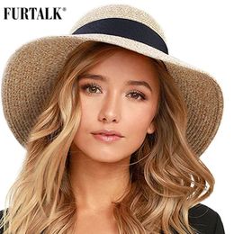 FURTALK Womens Beach Sun Hat Straw Hat Panama Fedora Hat Wide Brim UV Protective Summer Hat 240524