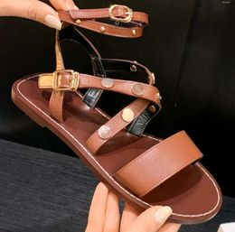 Genuine Sandals Narrow Womens Leather Band Cross Strap Flats Rivet Ankle Open Toe Summer Casual Daily Shoes Women 24066 71094 57583