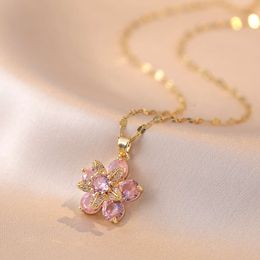 women s Necklace inlaid light rotating flower pink exquisite colored zircon micro inlay fashionable trend collarbone chain exquiite fahionable