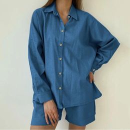 Home Clothing European And American Cotton Linen Shirt Long Sleeve Shorts Casual Sports White Suit Ladies' Homewear Autumn Winter Pajamas