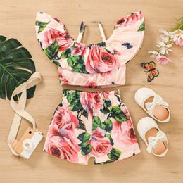 2pcs Baby Girl Floral Print Pink Off Shoulder Spaghetti Strap Ruffle Crop Top and Shorts Set Perfect for Outings L2405