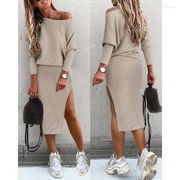 Work Dresses Wepbel Solid Color Dress Sets Women Long-Sleeved Top Split Skirt Two-Piece Suit Gigot Sleeve Skew Neck & Slit Set