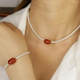 Pendant Necklaces Simple Atmospheric Red Natural Stone Resin Imitation Pearl Beaded Necklace With Bracelet Accessories Birthday
