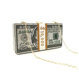 10000 Dollars chain bag Money Clutch Rhinestone Purse Stack of Cash Evening Handbags Shoulder Wedding Dinner Bags 8 Colour 0529023189899