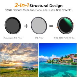 K&F Concept ND & CPL 2 in 1 Lens Philtre ND2-ND32 (1-5 Stop) Variable Neutral Density and Polarizer for Camera Lens Nano-D Series