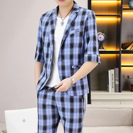 Men's Suits 2024 Summer Fashion Short Sleeve Plaid Brand Man Slim Fit Lattice 2-piece Luxury Mens Casual Business Office Party Tuxedo