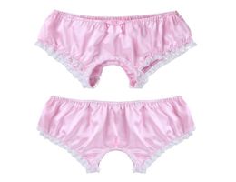 Gay Sissy Open Crotch Briefs Male Skirted Underwear Soft Shiny Satin Ruffled Lace Trim Panties Men Crotchless Thong Gstring Under3276254