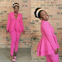 Hot Pink Women Pants Suits Custom Made Plus Size Mother Of Bride Blazer With Ruffles Graduation Ceremony Attire Wear 2 Pieces