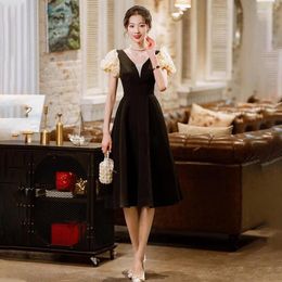 Party Dresses Evening Dress Black Simple Short Sleeves Deep V-Neck -Length Elegant Zipper Back Pleat A-Line Woman Formal Gown A2508