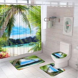 Shower Curtains Tropical Beach Ocean Curtain Set Seaside Island Palm Tree Blue Sea Boat Bathroom Decor Bath Mat U-Shaped Rug Toilet Cover