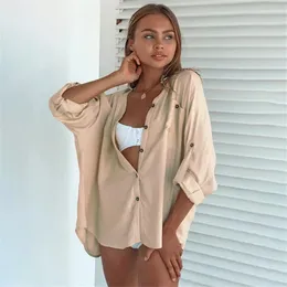 Sexy Beach Cover Up Shirt Women Solid Mini Dress Front Open Tunics For Holiday Swim Wear Bathing Suit