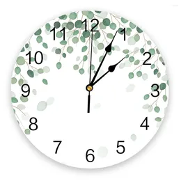 Wall Clocks Eucalyptus Leaves Plant Green PVC Clock Living Room Decoration Modern Design Home Decore Digital