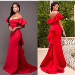 Gorgeous Red Mermaid Long Prom Bridesmaids Dresses Off the Shoulder Ruffles Backless Maid of Honour Floor Length Satin Evening Party Dre 249o