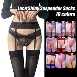 Women Socks Lace Glossy Oil Shiny Sheer Thigh Stockings High Waist Garter Belt Thigh-high Pantyhose Hosiery Nightwear