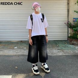 ReddaChic Low Waist Wide Leg Jorts for Men Baggy Jeans Cropped Loose Casual Denim Short Pants Harajuku Retro Y2k Hiphop Trousers 240513