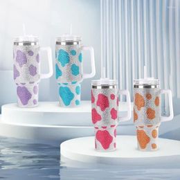 Tumblers Car Mounted Creative Diamond Inlaid Handle Straw Insulated Cup Stainless Steel 2024 Cow Pattern