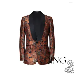 Men's Suits Floral Jacquard Blazer For Men Prom Fashion Slim Fit With Velvet Shawl Lapel Male Suit Jacket Wedding Groom Tuxedo