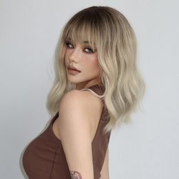 EASIHAIR Blonde Ombre Short Wavy Bob Synthetic Wigs Light Golden Cosplay Lolita Wigs with Bangs Heat Resistant Hair for Women