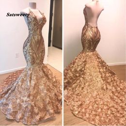African Gold Prom Dresses Mermaid Halter V Neck 3D Flowers Sleeveless Evening Dress Long Arabic Dubai Party Gowns 278c