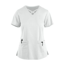 Solid Color Scrub Tops Pet Hospital Uniform Top Surgical Gown Pocket V-neck Scrub Top for Women Joggers Nurse Uniforms Women