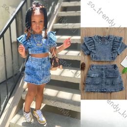 Summer Kids Clothes Girls Two Dress Piece Denim Tops And Tiered Skirt Set Washed Jeans Street Style Toddler Children Clothing Sets 105