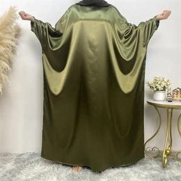 Ethnic Clothing Women Dubai Abaya Simple Shiny Satin Muslim Maxi Dresses For Fashion Batwing Sleeve Long Casual Dress