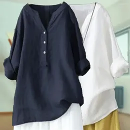 Women's Blouses Women Shirt Elegant Linen Button Long Sleeve Pullover Top For Spring