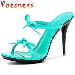 Slippers Rome Style Sexy 2024 Female Thin High Heel Bowknot Shoes Summer Dress Shallow Mouth Women Slides Sandals Lake Blue