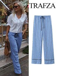 Women's Pants TRAFZA Female Casual Crinkle Decoration Striped Wide Leg Woman Summer Street Lace Up Elastic Waist Loose Trousers