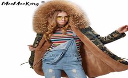 Whole Factory whole pink real womens fur coat army green Large color raccoon fur parkas outwear long lfaux fur lining coa5076291