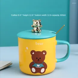 Mugs Cartoon Cute Golden Bear Embossed Mug With Spoon Lid Couple Gift Original Coffee Cups Cup For Tea Drinkware