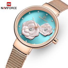 NAVIFORCE New Watches for Women Top Brand Beautiful Flower Quartz Female Wristwatch Stainless Steel Mesh Waterproof Girl Clock 228w