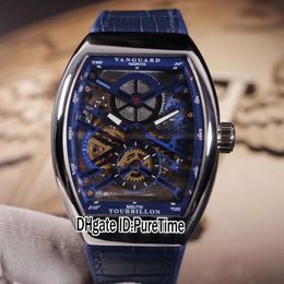 New Men's Collection Vanguard V45 Steel Case Blue Inner Skeleton Dial Tourbillon Automatic Mens Watch Blue Leather White Line Pure 344J