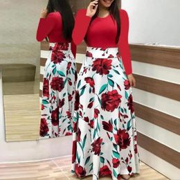 Casual Dresses Summer Dress Women 2024 European And American Style Flower Print Color Matching Short Sleeved High Waist Maxi