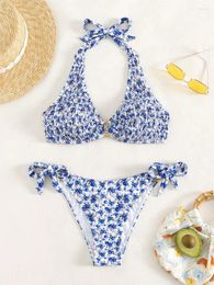 Women's Swimwear Sexy Wrinkled Floral Print Halter Tie Bikinis Sets Two Pieces Swimsuit Women Biquini Thong Bikini Set Bathing Suits