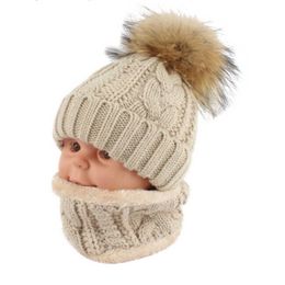 Children kids Winter Hat Scarf set Raccoon Fur Ball Hat Pom pom Beanies Baby Girls Warm Fleece Cap Scarf Set 227V