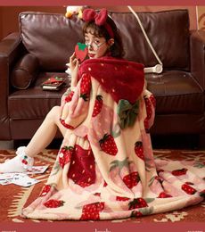Women039s Sleepwear Women Robes Coral Velvet Hooded Autumn Winter Warm Thick Pajamas Sweet Strawberry Flannel Nightgown Bathrob8110725