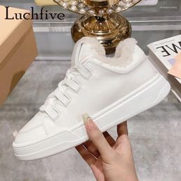 Casual Shoes Brand Designer Leather Inside Fur Flats Round Toe Lace Up Concise Rubber Sole Female Sneakers Woman Winter 2024