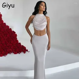 Work Dresses Giyu Sexy Two Piece Set Women 2024 Summer Sleeveless Backless Lace Up Crop Top Bodycon Long Skirt Dress Sets 2 Outfit