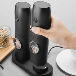 Electric Automatic Salt And Pepper Grinder Set Rechargeable With USB Gravity Spice Mill Adjustable Spices LED Light 240527