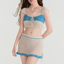 Work Dresses Sweet Patch Color Crochet Knit Skirt Suits Summer Women's Cap Sleeve Backless Crop Tops And Elastic Band Mini Beach Set