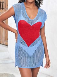 Sexy Love Shaped Hollow Out Crochet Knitted Tunic Beach Cover Up Cover-ups Dress Wear Beachwear Female Women K5018