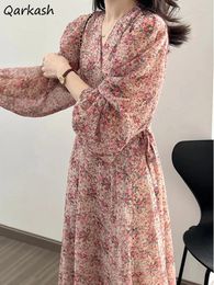 Casual Dresses Retro Women Floral Lace-up Long Sleeve V-neck French Style Vestidos Elegant Tender Sweet Lovely Girls Spring Leisure Ins