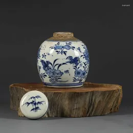 Bottles Chinese Blue And White Porcelain Jar Peony Flowers Birds Pot Tea Caddy 4.13 Inch